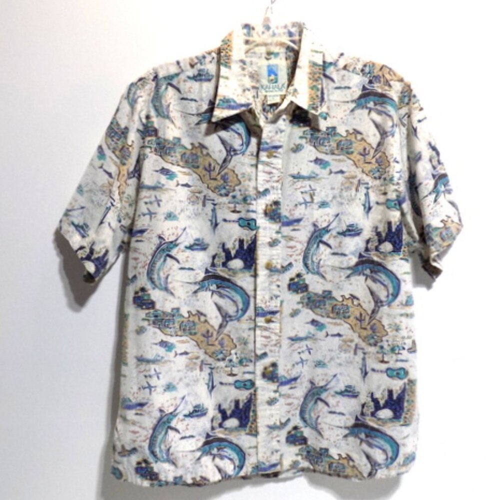Kahala Hawaiian Men's Marlin Fishing and Scenic Ocean Print Shirt - Size: Large